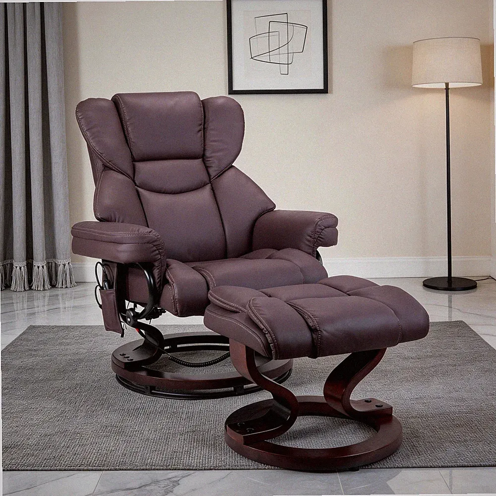 8-Point Massage Recliner with Ottoman,Heated Cat Scratch Leather Reclining Chair