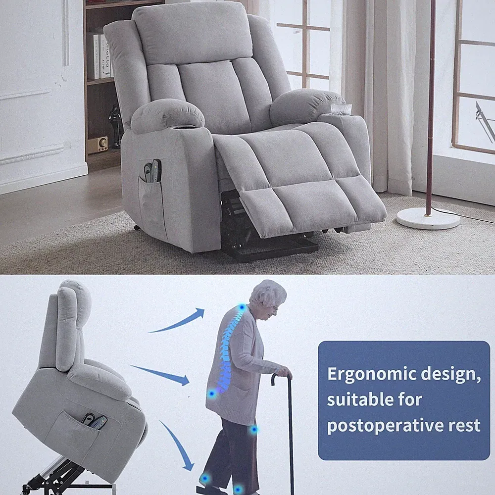 Electric Lift Recliner Chair Grey 8 Point Massage Heat Elderly Armchair UK