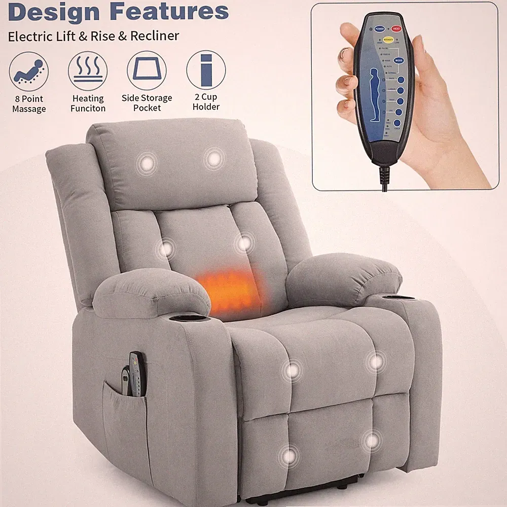 Electric Lift Recliner Chair Grey Fabric | Massage + Heat | Elderly Mobility Aid