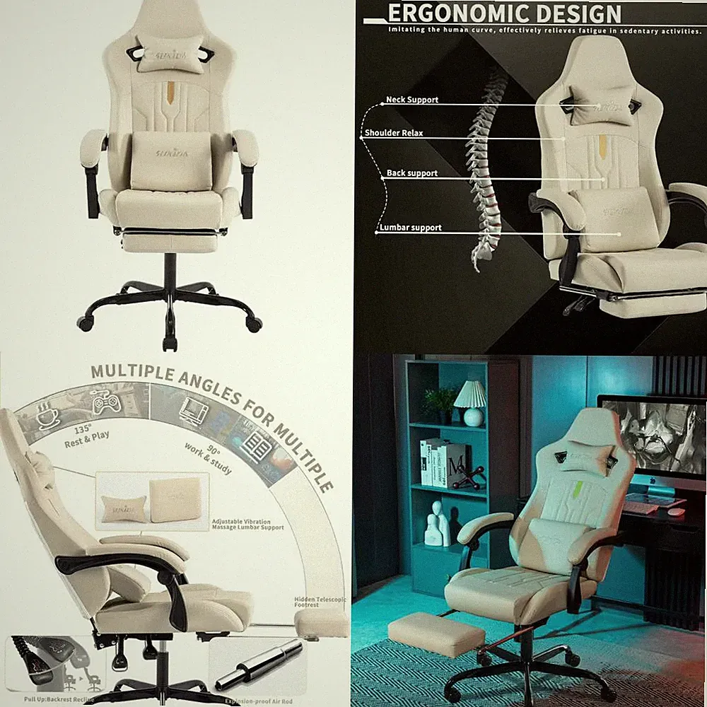 Ergonomic Massage Gaming Chair with Adjustable Rocker Recliner, Lumbar Cushion
