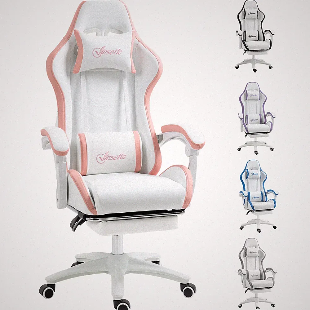 Gaming Chair Pink Faux Leather 65x65x129cm Reclining 135° Footrest with Pillows
