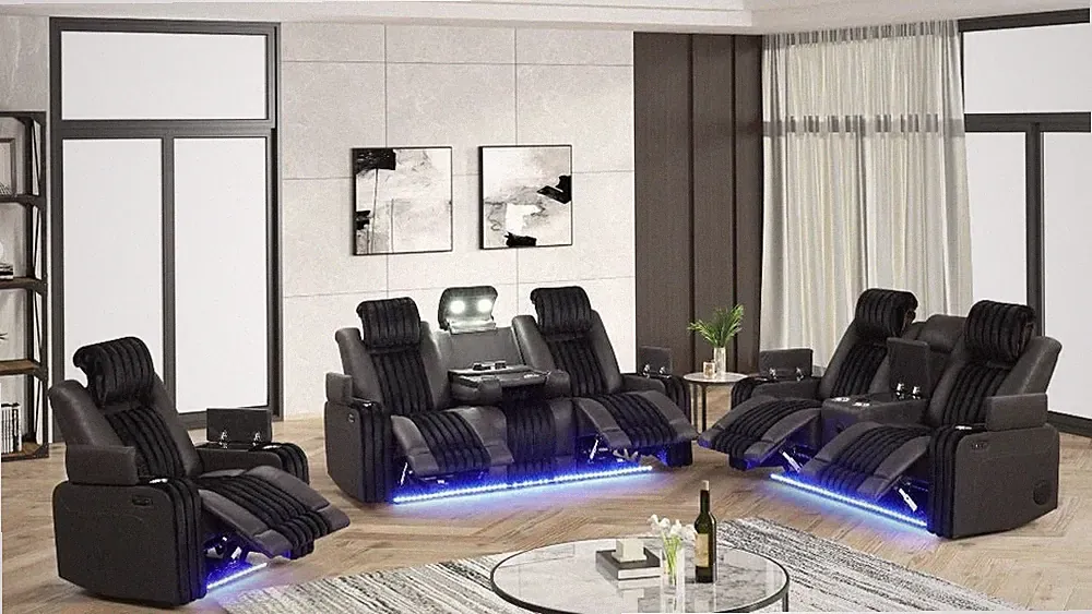 NEW LED 3PC Power Adj Headrest Recliner Set Speaker Black Corduroy Reading Light