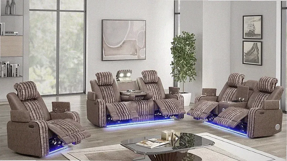 NEW LED 3PC Power Adj Headrest Recliner Set Speaker Brown Corduroy Reading Light
