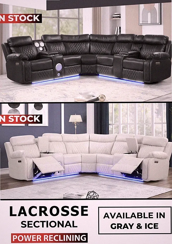 OVERSIZED LED Power Recliner & Adj Headrest Sectional Beige w/ Bluetooth Speaker