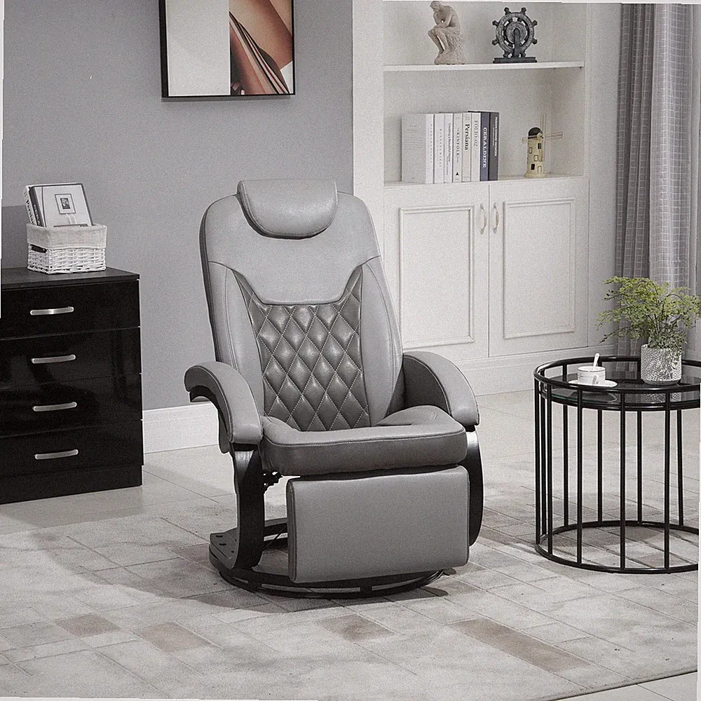 PU Recliner Armchair with Footrest, Headrest, and Round Steel/Wood Base
