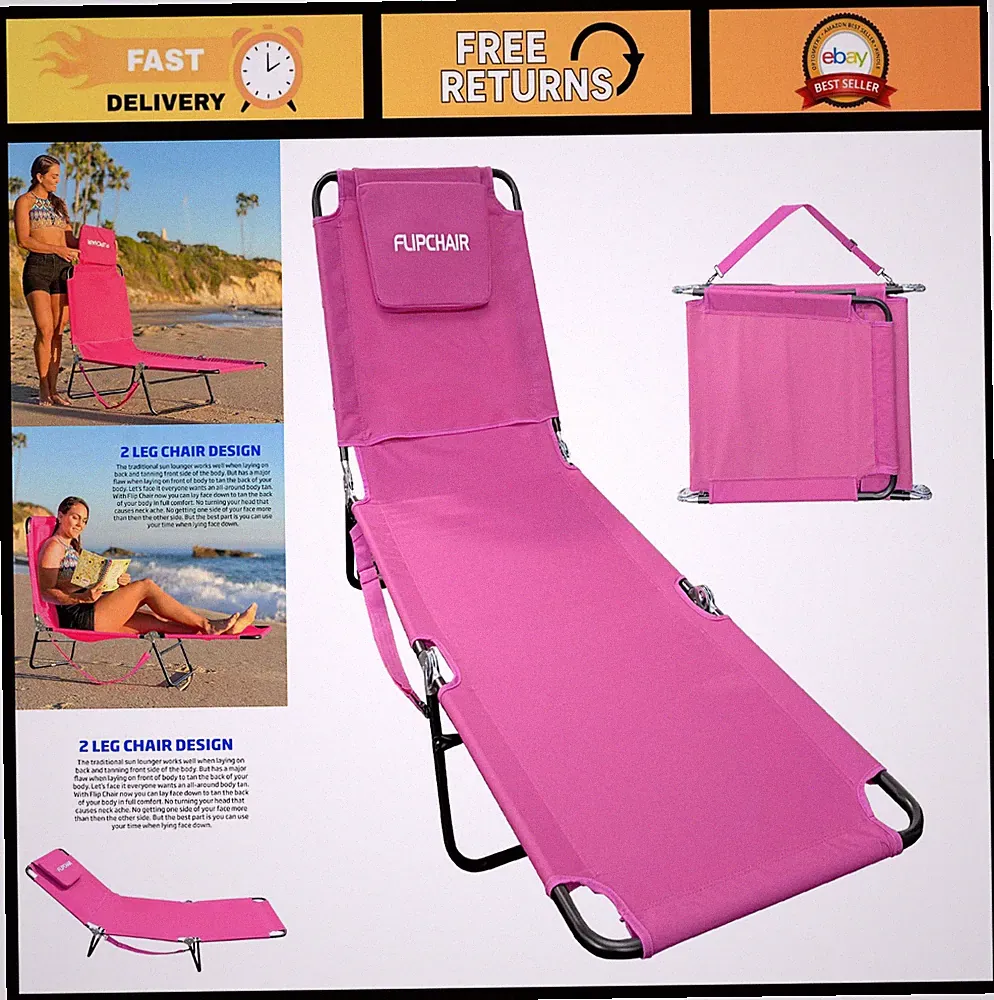 Reclining Chaise Lounge Chair with Headrest - Outdoor Patio, Beach, Pool, Campin