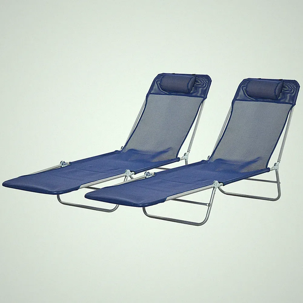 Set of 2 Folding Chaise Lounge Chairs Reclining Mesh Seat Headrest Blue